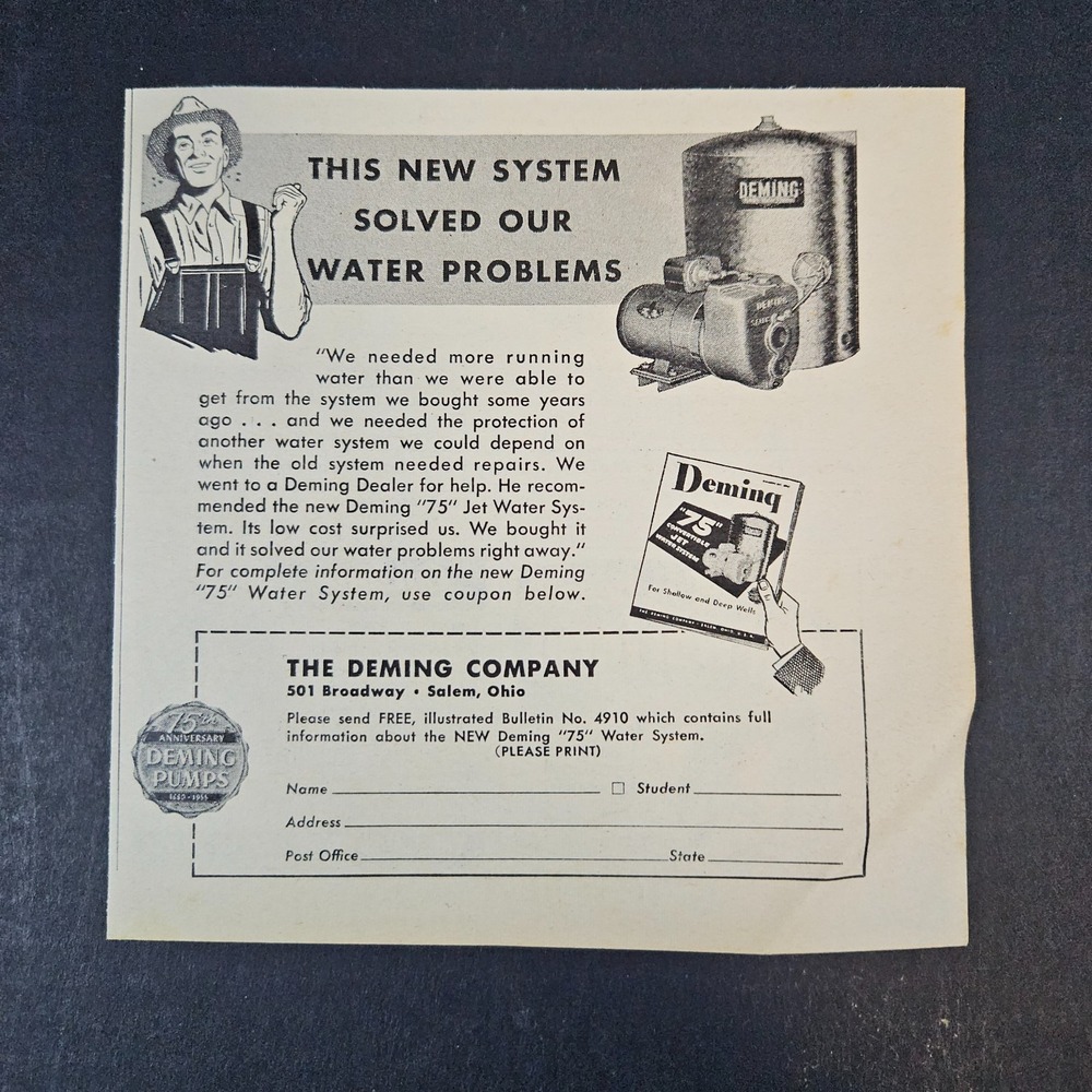 1955 Deming 75 Jet Water System Vintage Print Ad Salem‎ OH Farm Pumps Irrigation